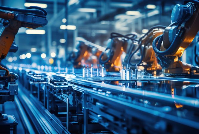 High-tech robot arms in an automated manufacturing plant.