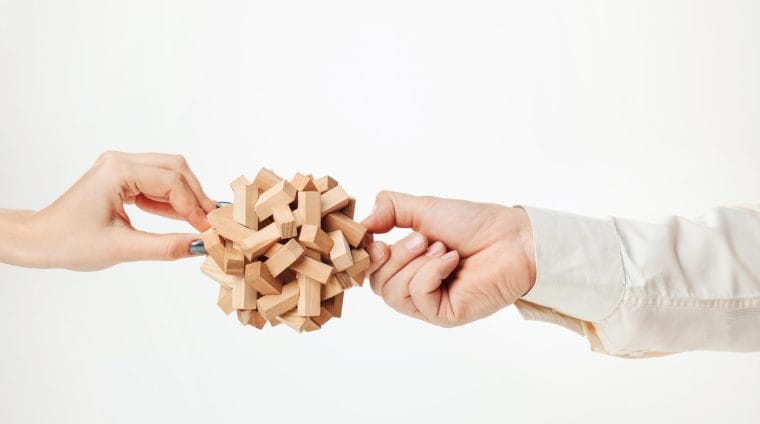 The wooden puzzle in male and female hands isolated on white background